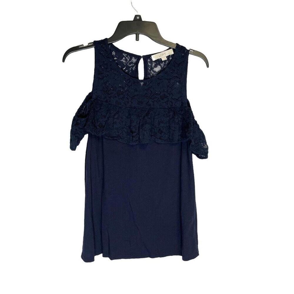LOFT Ann Taylor Scoop Neck Lace Flounce Cold Shoulder‎ Navy Flowy Blouse Medium
